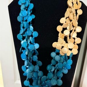 Blue and Tan Wood Flat Discs Necklace